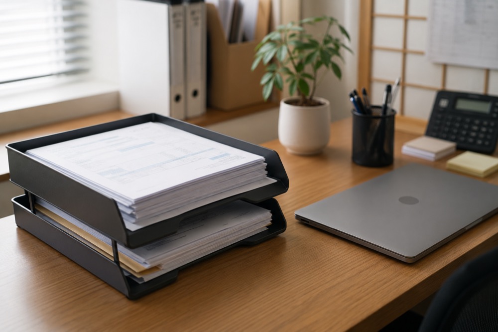 Paper forms organized in desk trays